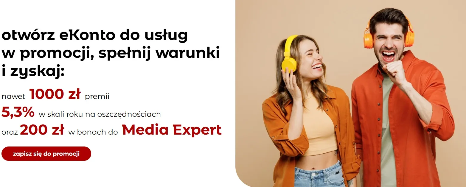 screen ze strony pormocji ekonta do usług w mbanku z opisem nagród, które można zdobyć w promocji: do 1000 zł gotówki, 200 zł do media expert