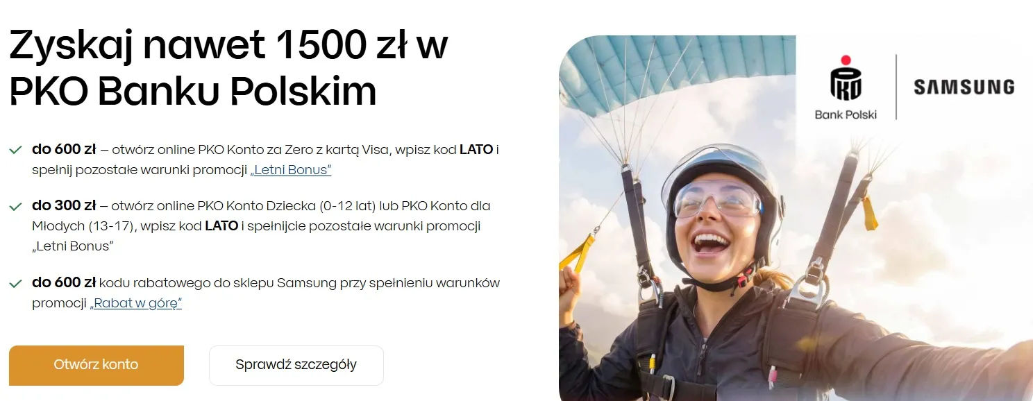 screen ze storny promocji konta za zero w banku PKO BP 600 zł premii