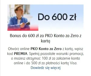 Promocja Konta za 0 w banku PKO BP – do 600 zł moneybacku za założenie konta