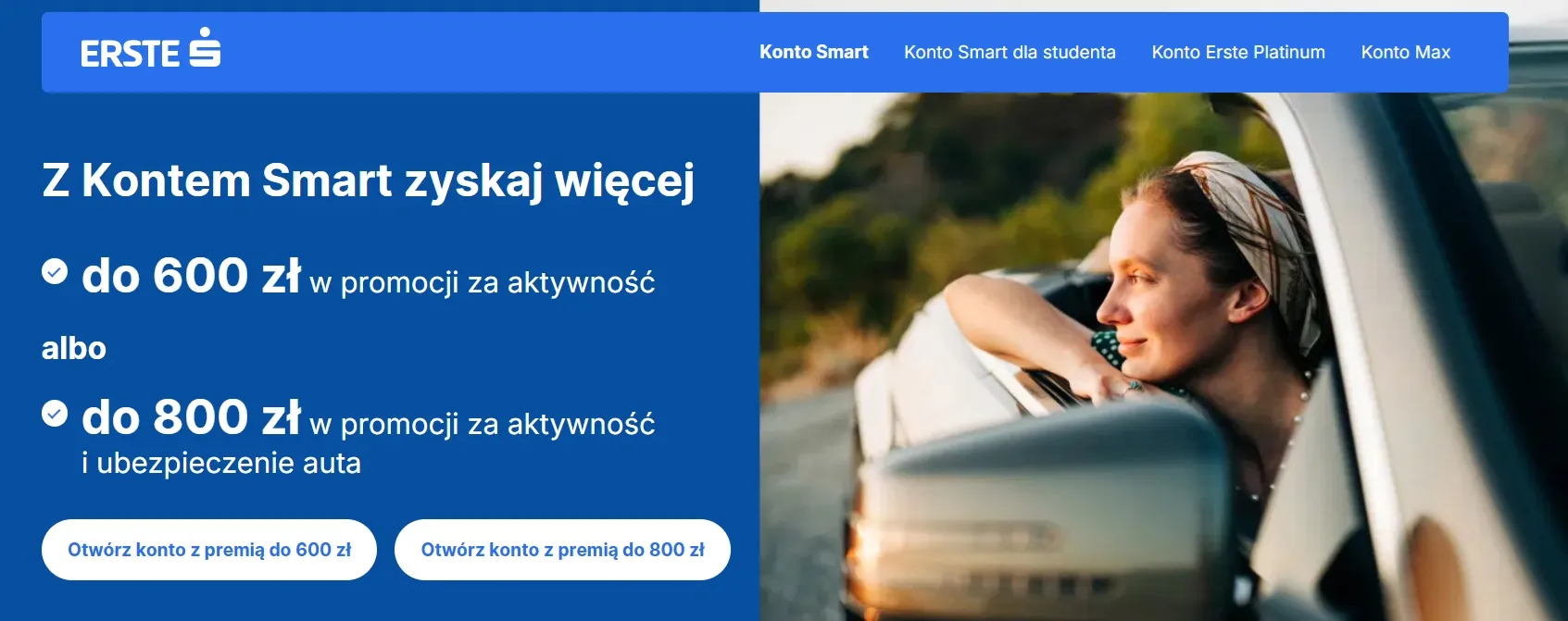 screen ze strony internetowej erste banku z opisem najnowszej promocji konta smart