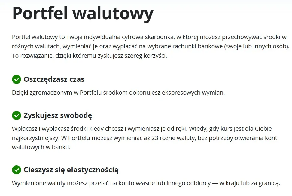 screen ze storny internetowykantor.pl opisujący najważniejsze cechy i zalety nowej usługi portfel walutowy