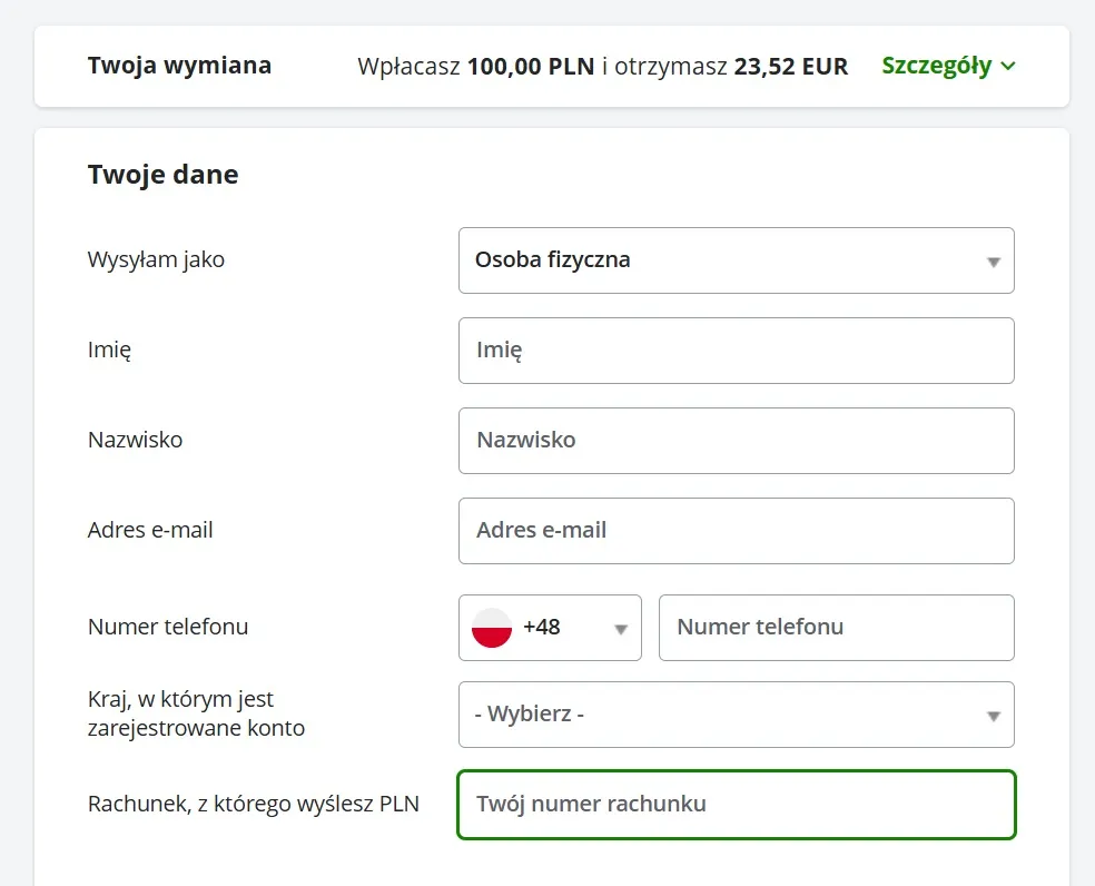 screen ze strony internetowykantor.pl - jakie dane trzeba podać, żeby wymienić walutę w kantorze bez zakładania konta
