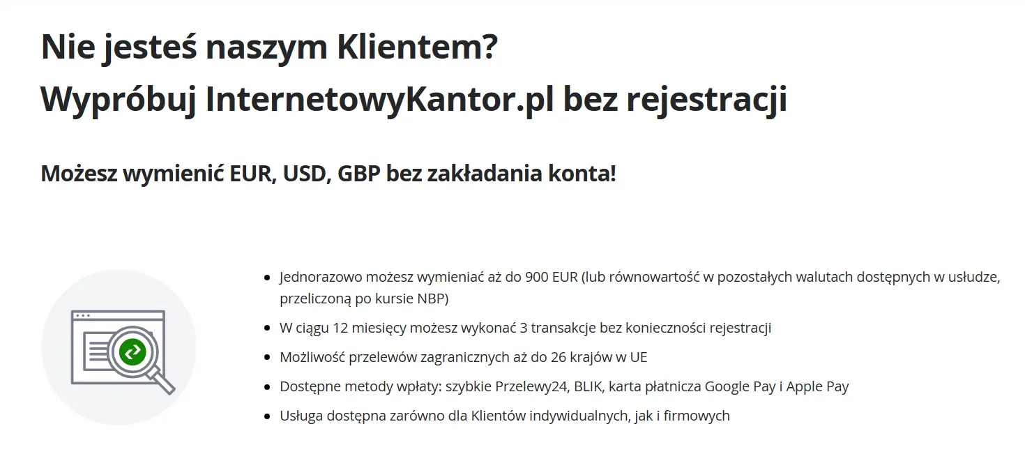 screen ze strony internetowej internetowykantor.pl z opisem usługi wymiana walut bez zakładania konta