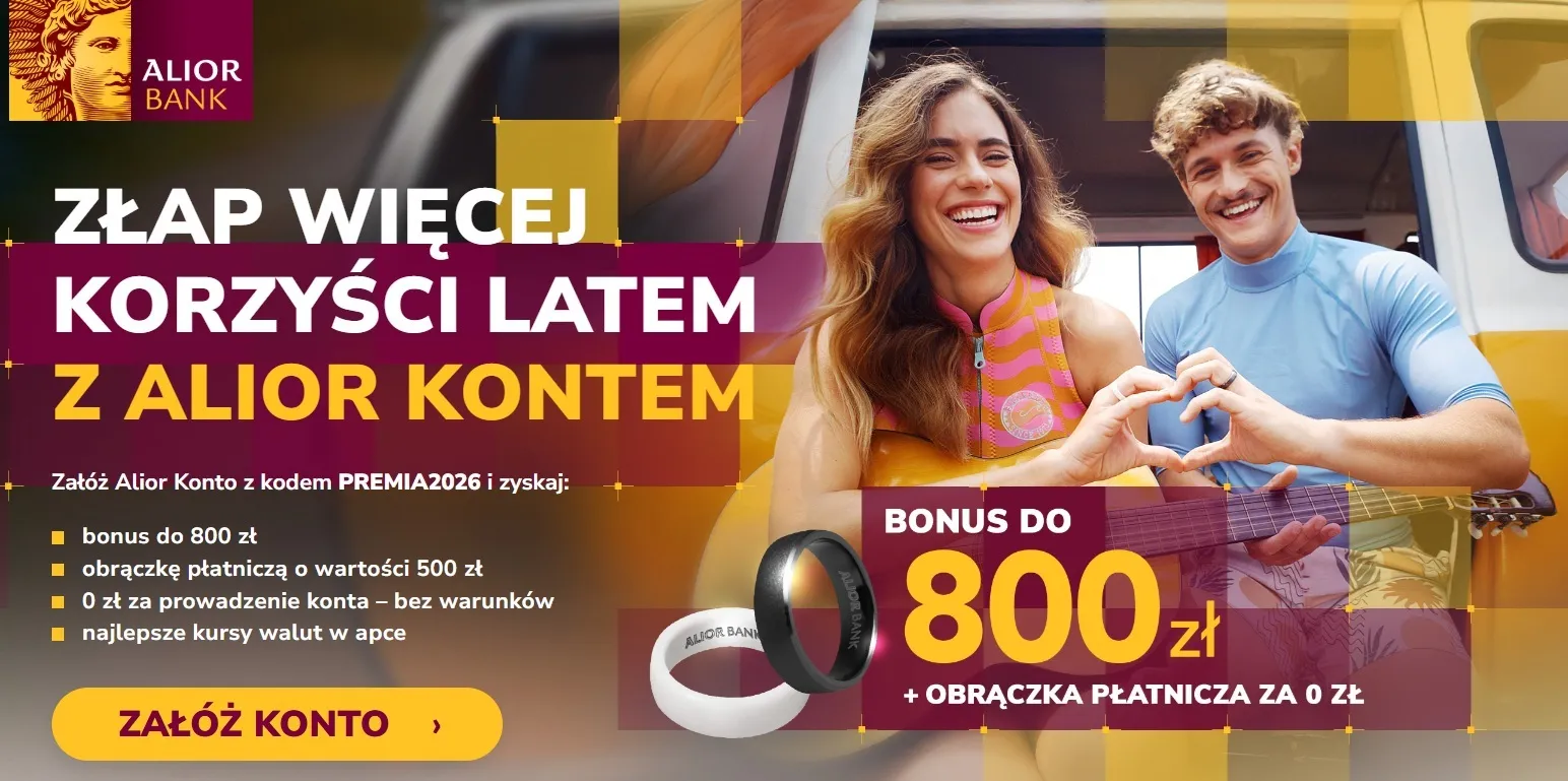 promocja alior konta z premią 800 zł gotówki + kod na zakup obrączki płatniczej o wartości 500 zł screen ze strony promocji