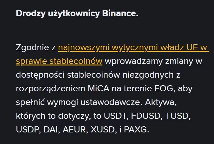 Binance wycofuje stablecoiny przez rozporządzenie mica