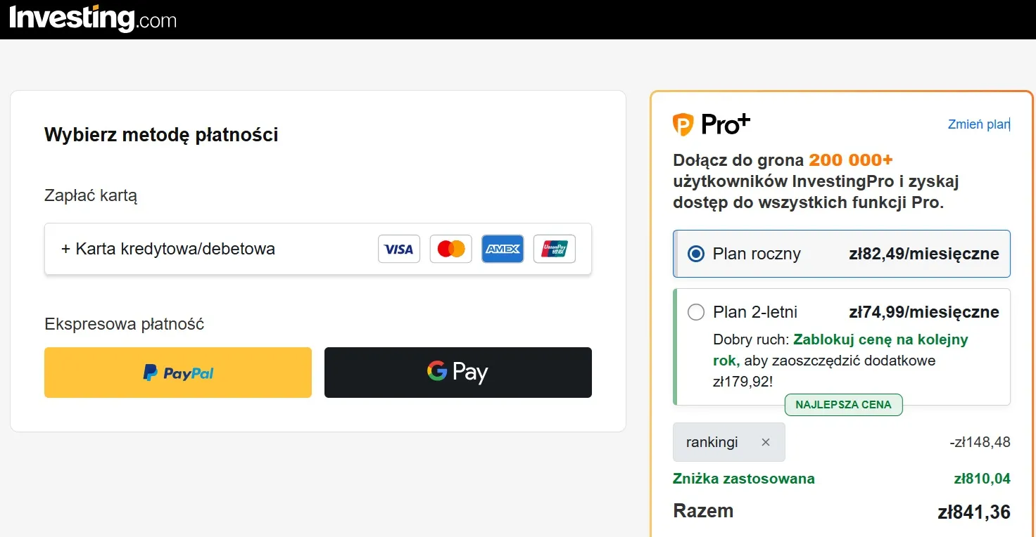 screen ze strony investing.com obrazujący podsumowanie zamówienia płatnej subskrypcji planu Investing Pro z dedykowanym kodem rabatowym 15% obowiązującym w ramach promocji Ivnvesting pro 2026