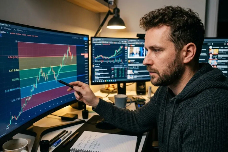 Trader Forex stosuje strategię Zniesienia Fibonacciego