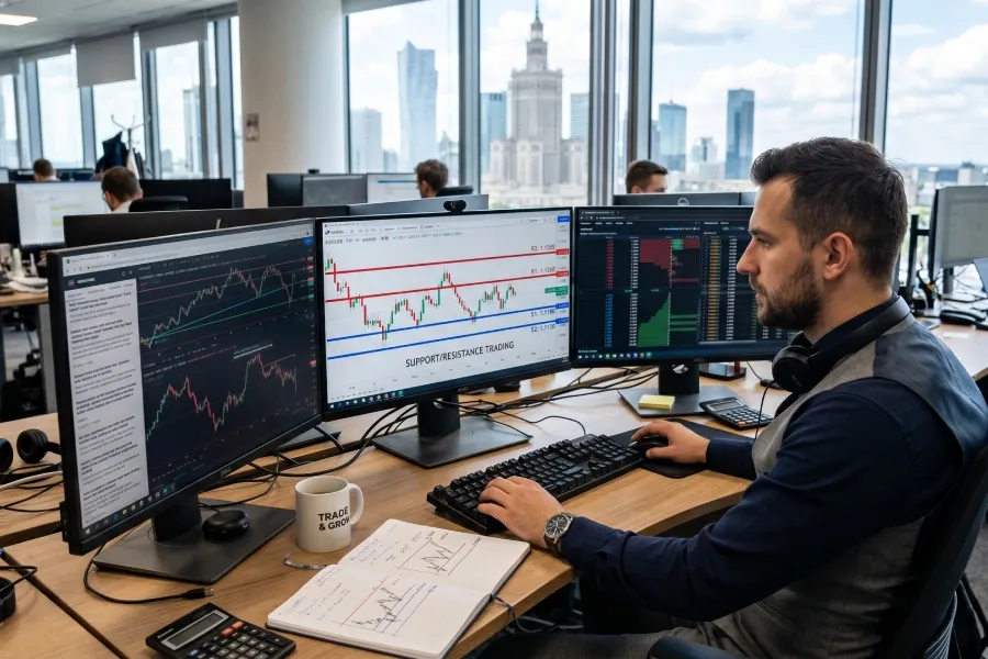 Trader Forex handlujący w oparciu o linie wsparcia i oporu
