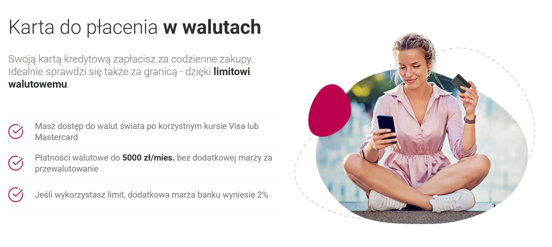 screen ze strony internetowej banku millennium opisujący pakiet walutowy czyli płatności kartą kredytową impresja bez kosztów przewalutowania po kursie visa lub mastercard