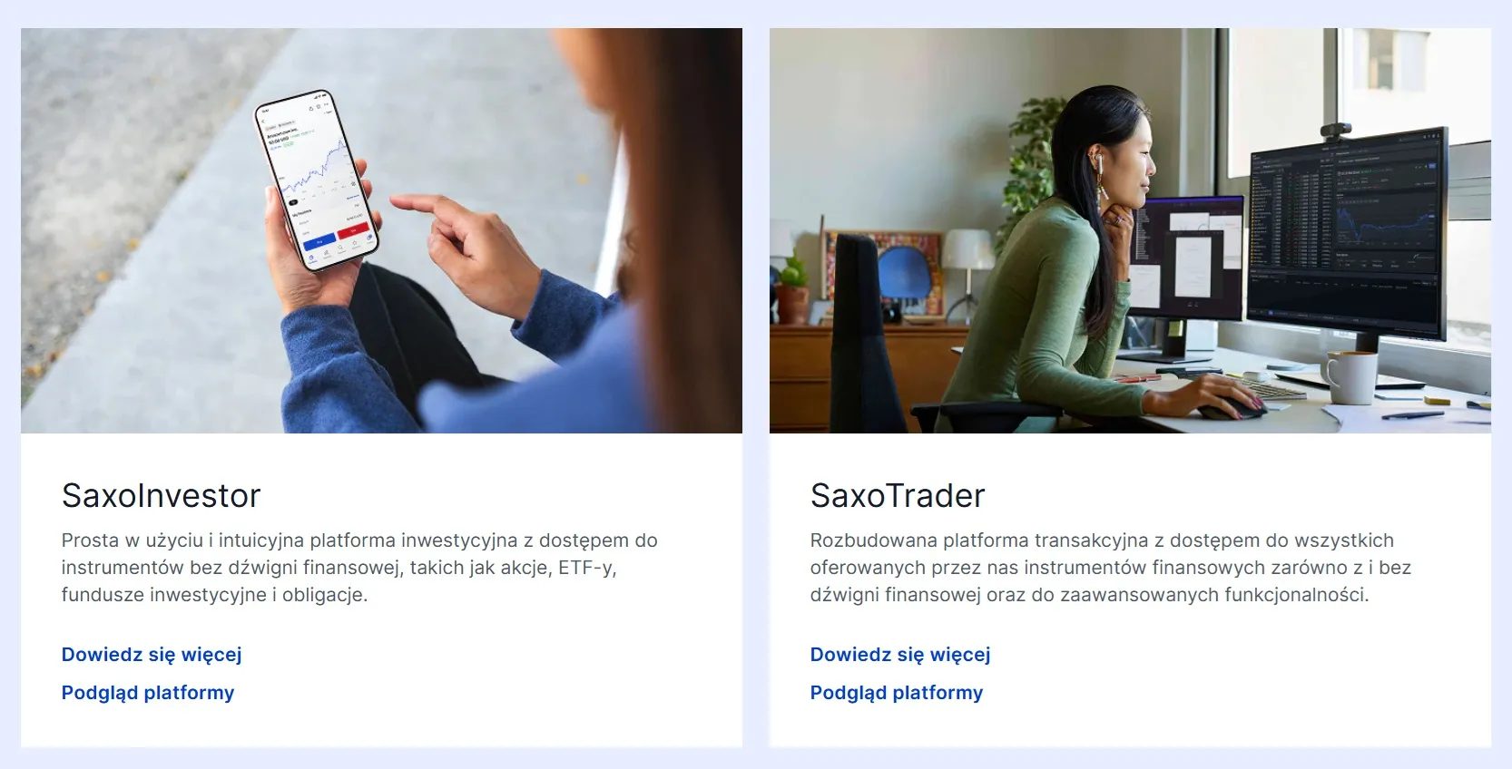 screen ze strony saxo bank pokazujący jakie platformy transakcyjne ma do wyboru klient zakładający rachunek maklerski