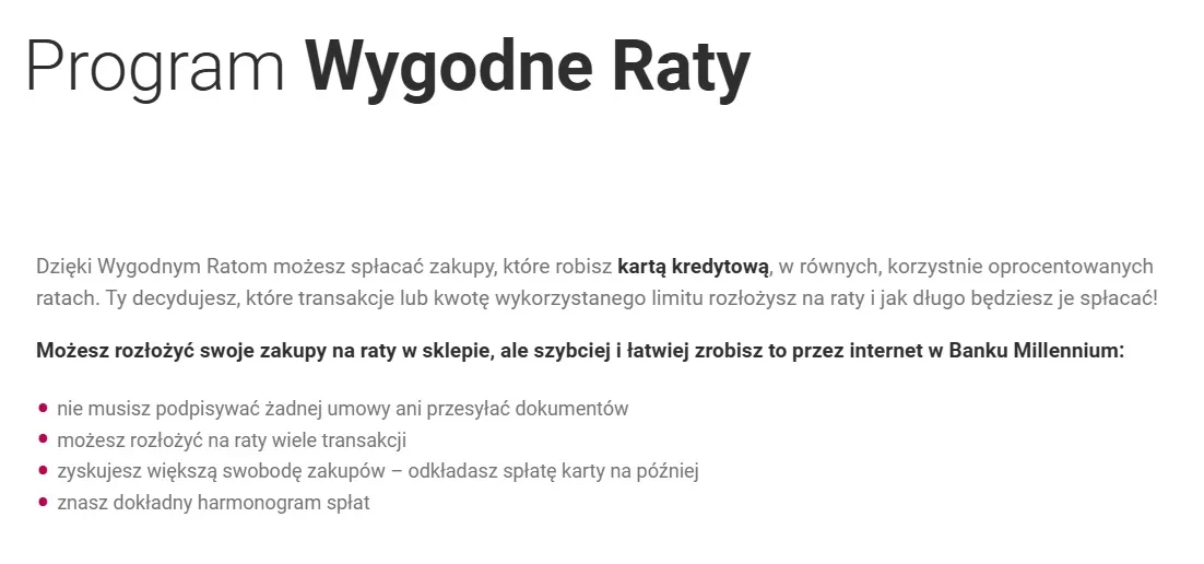 screen ze strony internetowej banku millennium opisujący możliwość rozłożenia zadłużenia z karty kredytowej na raty w programie wygodne raty
