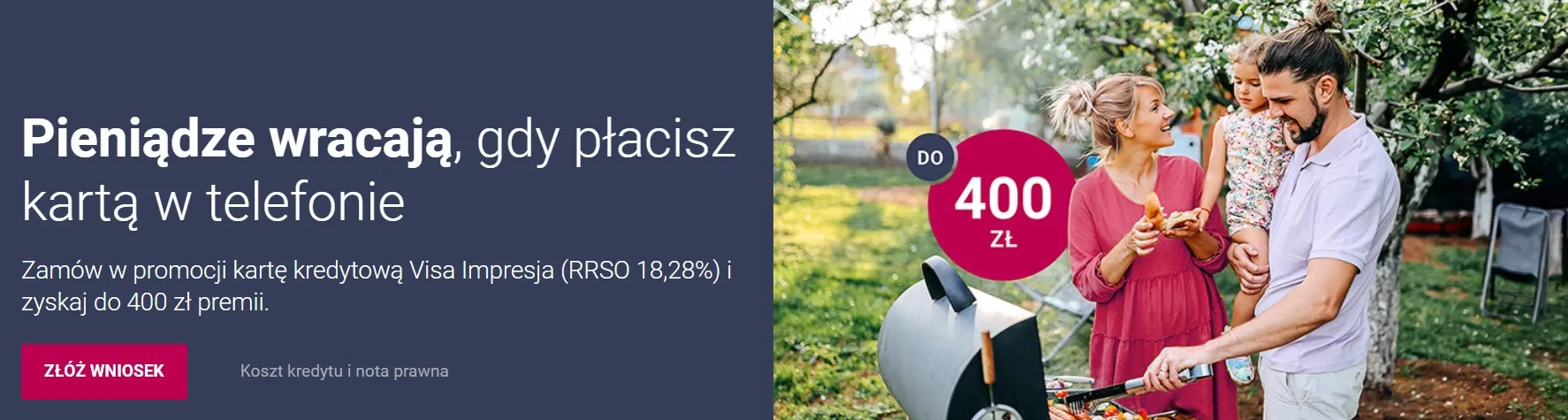 screen ze strony banku millennium opisujący w skrócie promocję karty kredytowej impresja z nagrodą 400 zł moneybacku