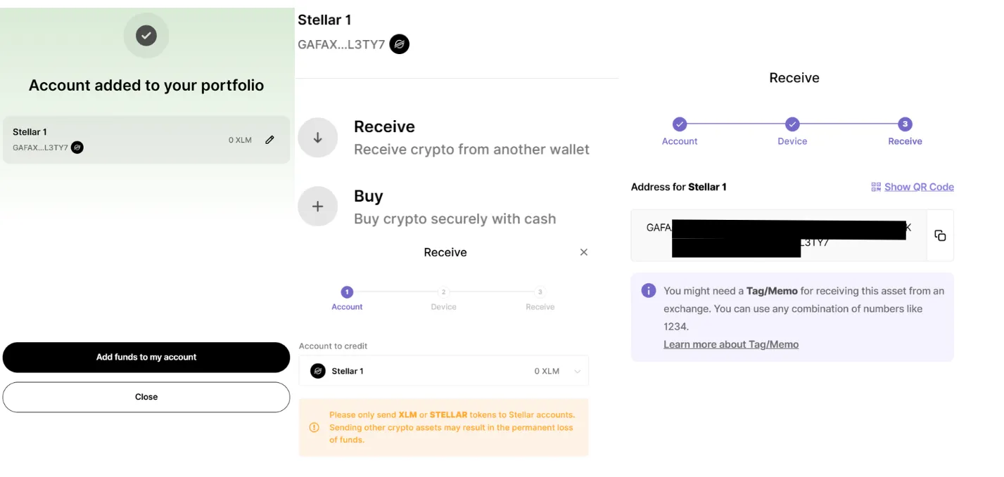 screeny własne z aplikacji ledger wallet p[okazujące jak przesłać kryptowaluty na portfel i jak wygenerować memo