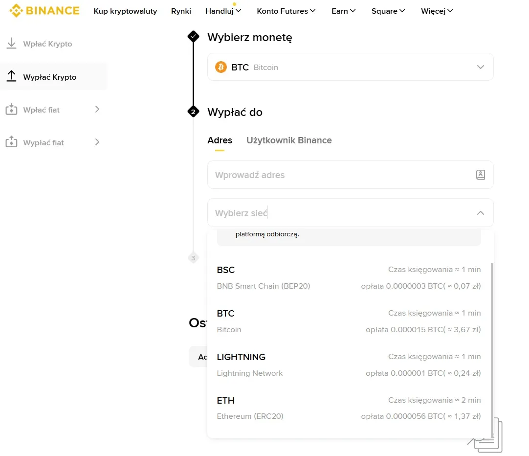 screen ze strony binance który pokazuje opłaty sieciowe za przesył kryptowalut z giełdy binance