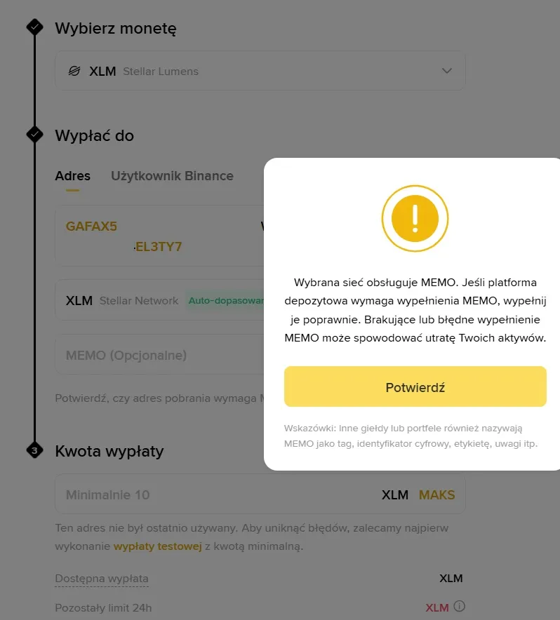 screen z konta binance pokazujący w jaki sposób wypłacić kryptowaluty z binance na ledger