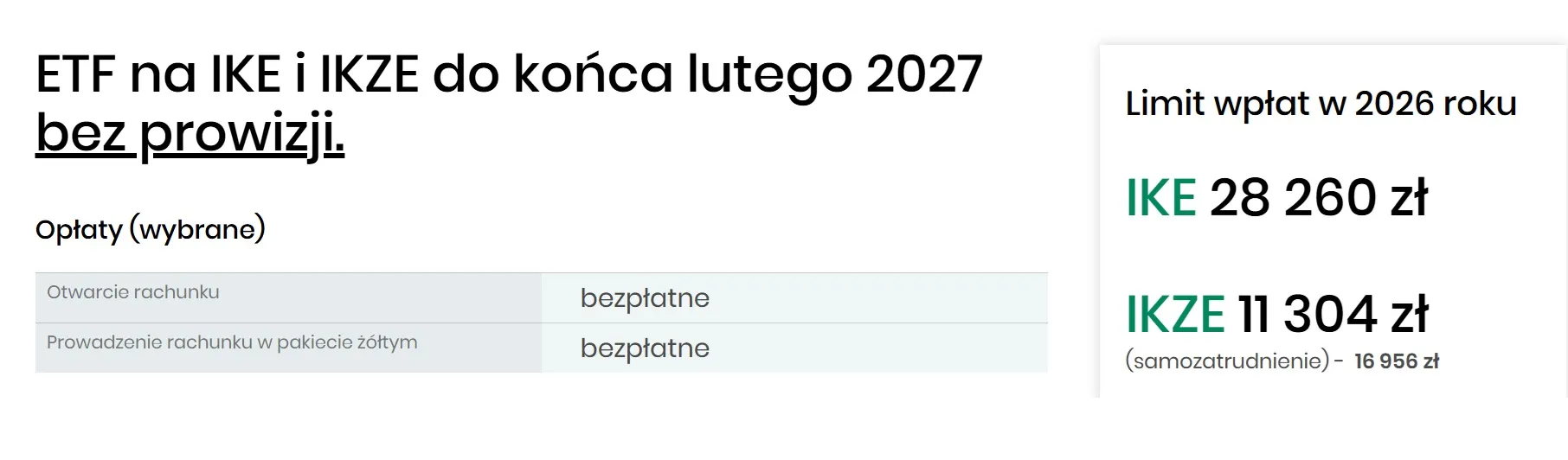 screen ze strony dm bos z limitami ike i ikze na 2026 r oraz najważniejszymi opłatami za prowadzenie konta i zakup etf