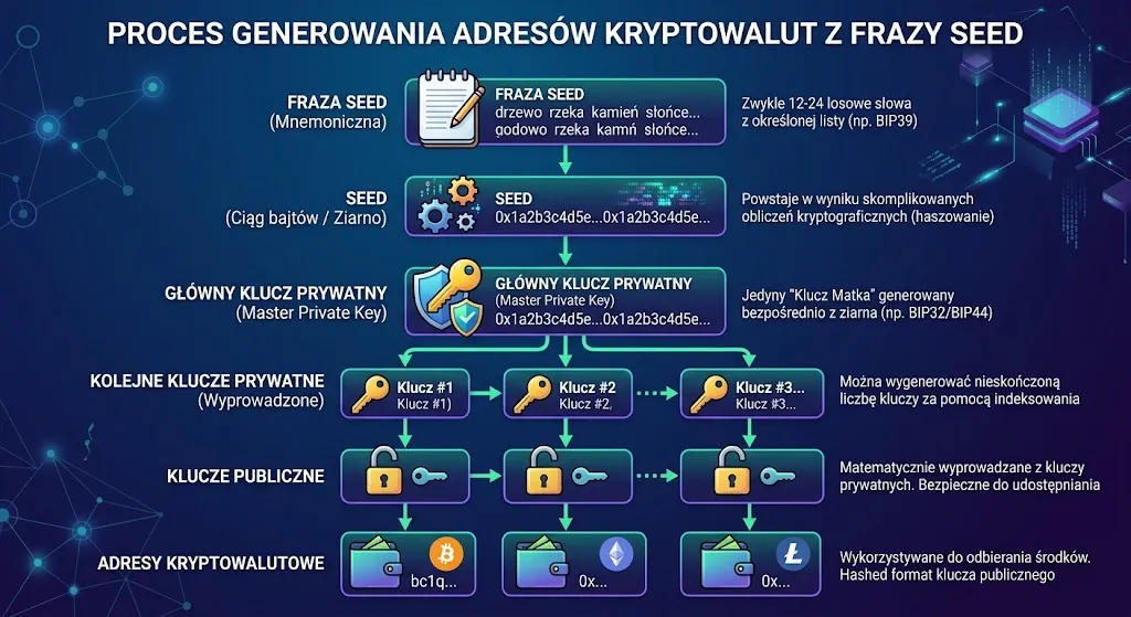 Proces generowania adresów kryptowalut z frazy seed